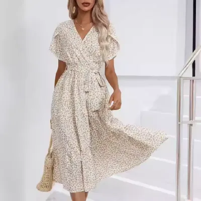  SMALL FLORAL SLIT V NECK FLORAL DRESS SLIT
